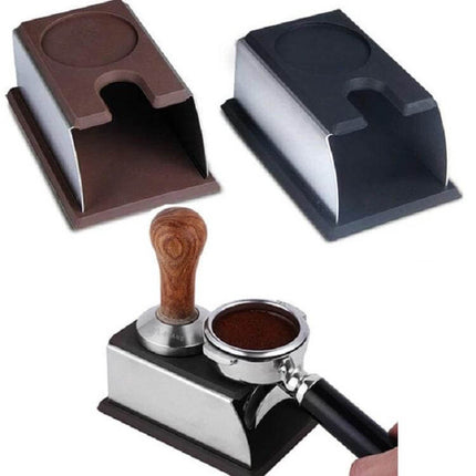 Stainless Steel Espresso Tamper Stand For Home Barista Use - stainless stand with silicone top holding tamper and portafilter, brown and black color options