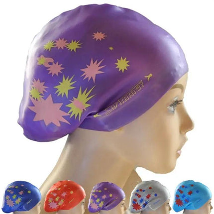 Silicone Waterproof Long Hair Swimming Cap Printed For Women | Syndmart