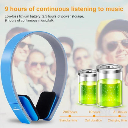 AEC Wireless Earphones With 3.5mm Aux For Commuting showing blue headset with 9 hours playtime and battery icons