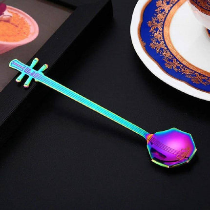 Stainless Steel Coffee Mixing Spoon Guitar Shaped rainbow titanium-plated 304 stainless steel musical instrument stirring spoon for cups and desserts