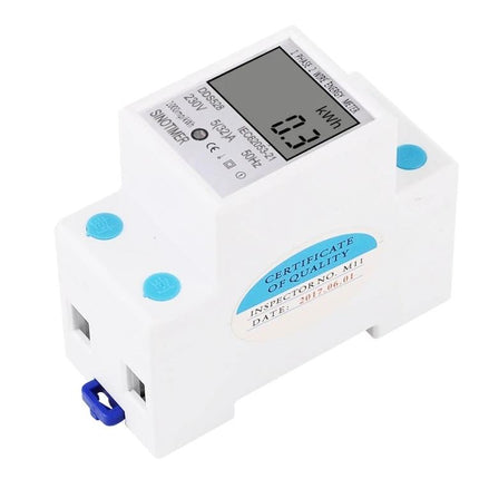 Compact DIN Rail Energy Meter for Single-Phase Household Monitoring white DIN-rail kWh display for home energy tracking, anti-tamper, compact design
