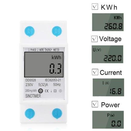 Compact DIN Rail Energy Meter for Single-Phase Household Monitoring white DIN-rail kWh display showing voltage current and power readings