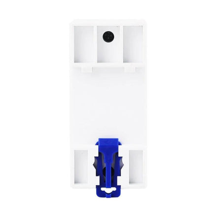 Compact DIN Rail Energy Meter for Single-Phase Household Monitoring white plastic enclosure with blue DIN clip, rear view