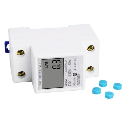 Compact DIN Rail Energy Meter for Single-Phase Household Monitoring - compact white DIN rail kWh meter with LCD display and mounting screws