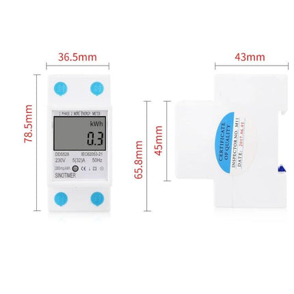 Compact DIN Rail Energy Meter for Single-Phase Household Monitoring compact white DIN-rail kWh display meter with dimensions for home energy tracking