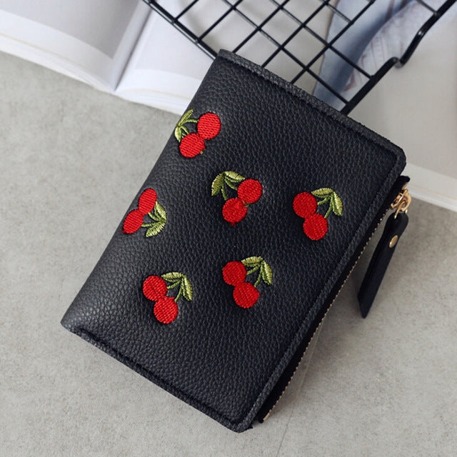 PU Leather Cherry Embroidery Coin Purse Card Holders Bag