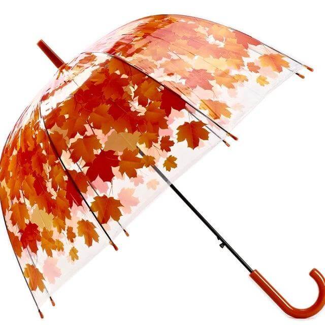 Transparent Umbrella with Green Leaf Design and Straight Handle - Clear canopy with orange autumn leaf pattern and straight handle for commuting