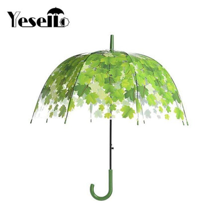 Transparent Umbrella with Green Leaf Design and Straight Handle - clear canopy with green leaf pattern and straight J-handle for commuting