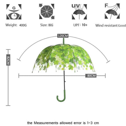 Transparent Umbrella with Green Leaf Design and Straight Handle - clear canopy with green leaf pattern, straight J-handle, 120cm span, visible in wet conditions
