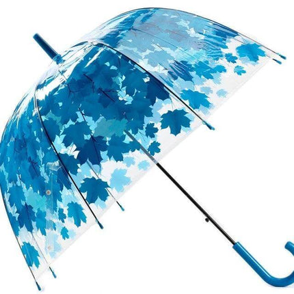 Transparent Umbrella with Green Leaf Design and Straight Handle clear canopy with blue leaf pattern and straight handle for commuting and outdoor use