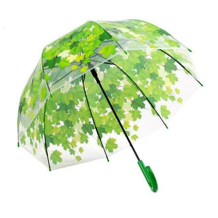 Transparent Umbrella with Green Leaf Design and Straight Handle - clear canopy with green leaf print and straight green handle for commuting