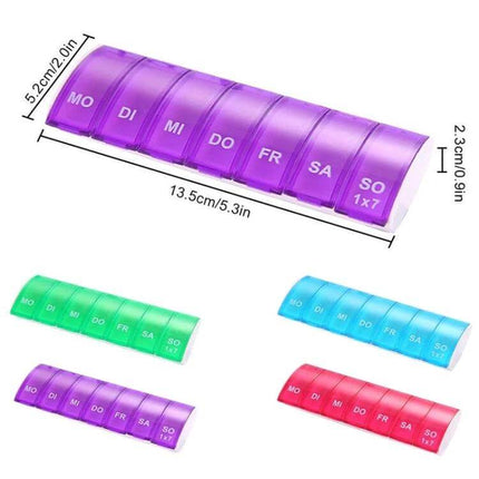 Portable Seven-Part Mini Storage Pill Box For Weekly Meds - translucent single-row 7-day travel pill organizer in purple (13.5cm)
