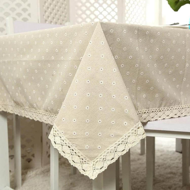 Lace Tablecloth For Dining And Events In Linen Blend with delicate lace trim on neutral linen blend table setting