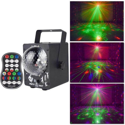Crystal Magic Ball Laser Lights For Home Ambience And Parties compact disco projector with remote showing red and green rotating laser patterns