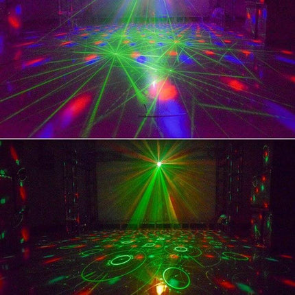 Crystal Magic Ball Laser Lights For Home Ambience And Parties projecting rotating red and green laser patterns across a party room floor and ceiling