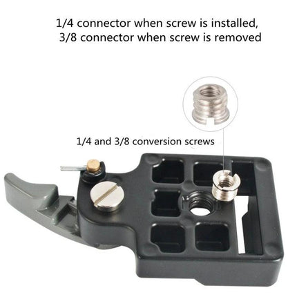 BEXIN Quick Release Plate Holder for Manfrotto Tripods showing 1/4 and 3/8 conversion screw insert and quick release latch