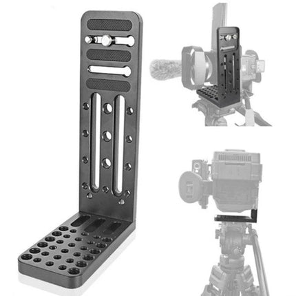BXIN L-Shaped Quick Release Plate for Cameras and Stabilizers showing metal L-bracket mounted on tripod and camera