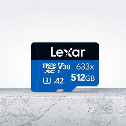 Lexar 512GB High-Speed Memory Card for Cameras and Phones - blue microSD card showing 512GB, V30, A2, 633x label, ideal for photos and video