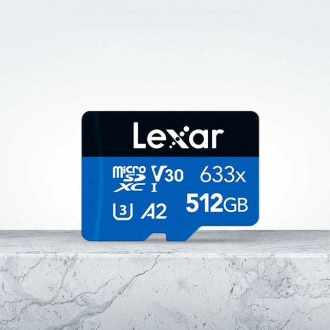 Lexar 512GB High-Speed Memory Card for Cameras and Phones - blue microSD card showing 512GB, V30, A2, 633x label, ideal for photos and video