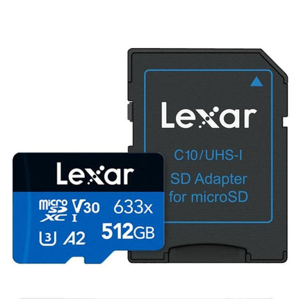Lexar 512GB High-Speed Memory Card for Cameras and Phones photo showing microSD card and SD adapter — 512GB, 100MB/s, high-speed storage for cameras and phones