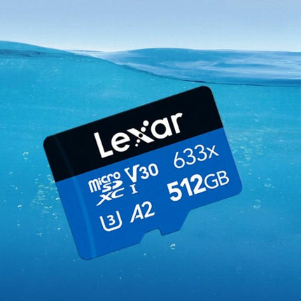 Lexar 512GB High-Speed Memory Card for Cameras and Phones - microSD card shown floating, 512GB, V30, 633x, 100MB/s read, ideal for cameras and phones
