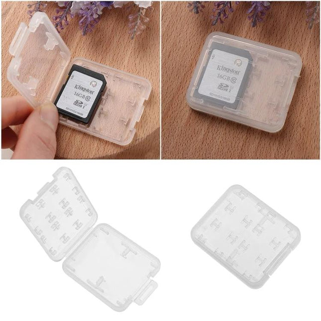 Transparent Mini Storage Box for Memory, SD, and TF Cards - clear plastic case holding SD card to protect from dust and moisture