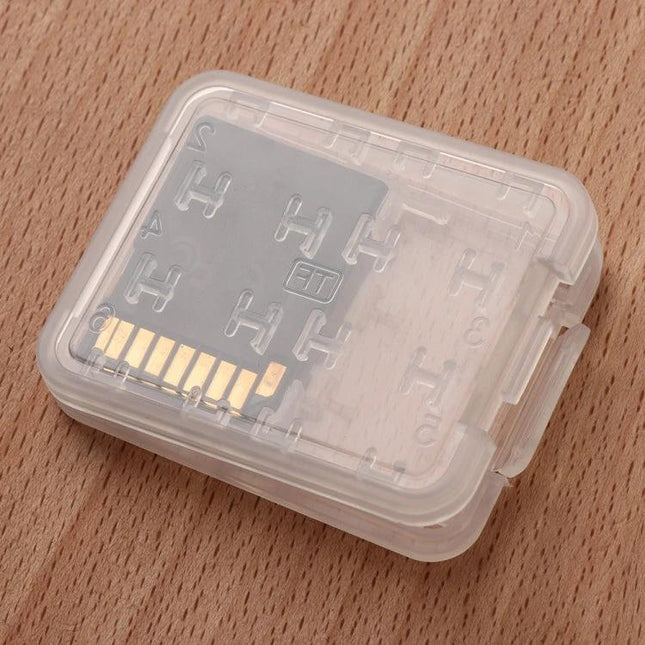 Transparent Mini Storage Box for Memory, SD, and TF Cards - clear plastic case holding SD card to protect from dust and moisture
