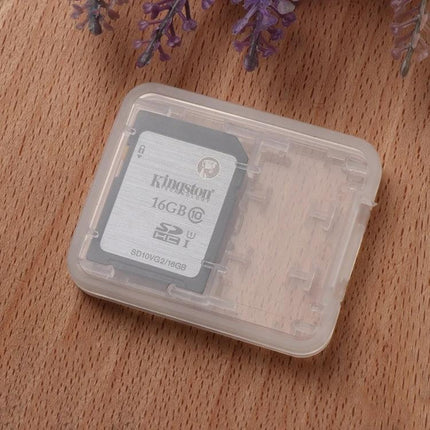 Transparent Mini Storage Box for Memory, SD, and TF Cards showing SD card inside, clear plastic case protecting cards