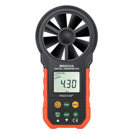 Peakmeter Digital Anemometer for Wind Speed and Air Volume Measurement handheld anemometer showing 4.30 m/s on LCD with fan rotor and orange casing