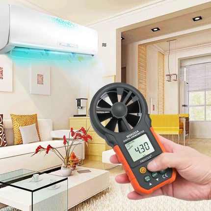 Peakmeter Digital Anemometer for Wind Speed and Air Volume Measurement - handheld measuring airflow from an air conditioner in a living room
