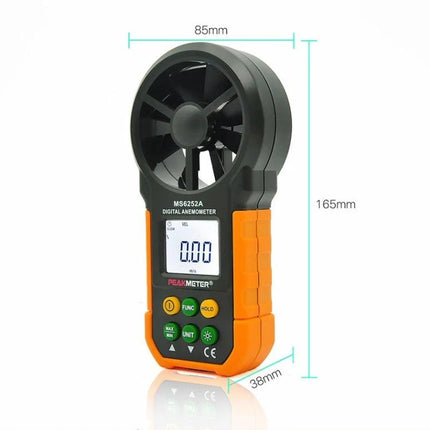 Peakmeter Digital Anemometer for Wind Speed and Air Volume Measurement handheld device with fan sensor and digital display, orange-black MS6252A model