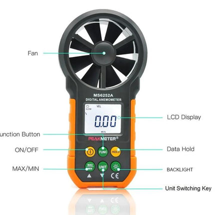 Peakmeter Digital Anemometer for Wind Speed and Air Volume Measurement handheld device showing fan, LCD display, buttons and unit switching key