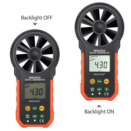 Peakmeter Digital Anemometer for Wind Speed and Air Volume Measurement handheld MS6252A showing backlight off and on with digital display