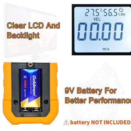 Peakmeter Digital Anemometer for Wind Speed and Air Volume Measurement handheld unit with clear LCD backlight and 9V battery compartment