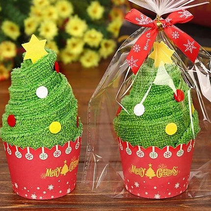 Christmas Cake Towel 30x30cm Soft Festive Hand Towel For Home - Green Christmas tree cupcake hand towel gift in red wrapper