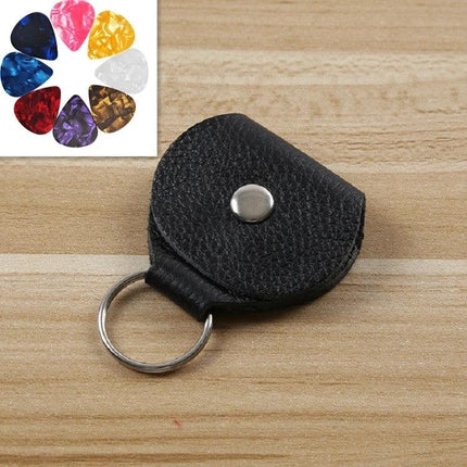 Compact Leather Bag for Carrying Guitar Picks Daily - black leather keychain pick holder 64x16x9mm with snap closure