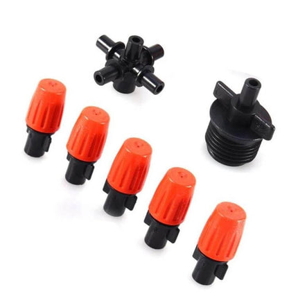 Cross Five-Outlet Spray Nozzle 2-Pack for Garden Watering - black 4-point threaded connector with five orange adjustable spray nozzles, corrosion-resistant engineering plastic