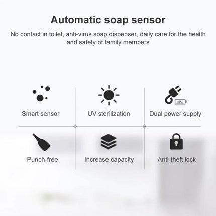 Essential Automatic Soap Dispenser for Daily Home Hygiene touch-free sensor with UV sterilization, dual power, anti-theft lock, increased capacity