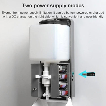 Essential Automatic Soap Dispenser for Daily Home Hygiene showing open unit, battery compartment and refill reservoir, touch-free motion sensor