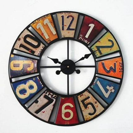 Digital Round Retro Wall Clock Wrought Iron License Plate Style For Home Use - 60cm vintage industrial wall clock with colorful license plate numbers