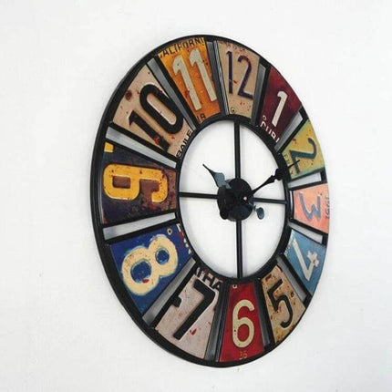 Digital Round Retro Wall Clock Wrought Iron License Plate Style For Home Use - 60cm vintage license-plate numbers on iron frame