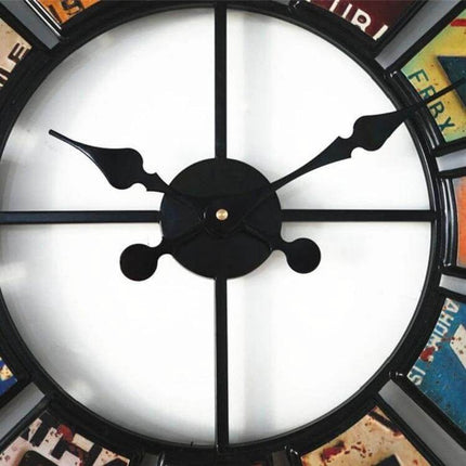 Digital Round Retro Wall Clock Wrought Iron License Plate Style For Home Use close-up of black ornate hands and iron frame with vintage license plate numerals