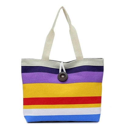 Green Canvas Stripe Shoulder Bag For Everyday Use All Day - Lightweight durable canvas tote with multicolor horizontal stripes and top button closure
