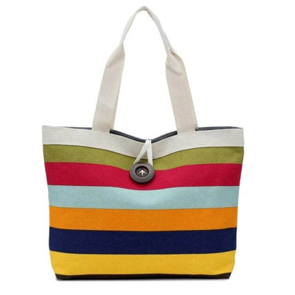 Green Canvas Stripe Shoulder Bag For Everyday Use All Day with colorful horizontal stripes and beige handles, lightweight durable canvas tote