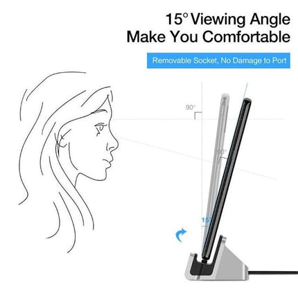 Desk Stand for Easy Smartphone Charging and Viewing showing 15° ergonomic viewing angle with removable socket and USB charging cable