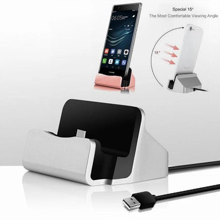 Desk Stand for Easy Smartphone Charging and Viewing showing silver USB charging dock holding phone at 15° viewing angle on desk