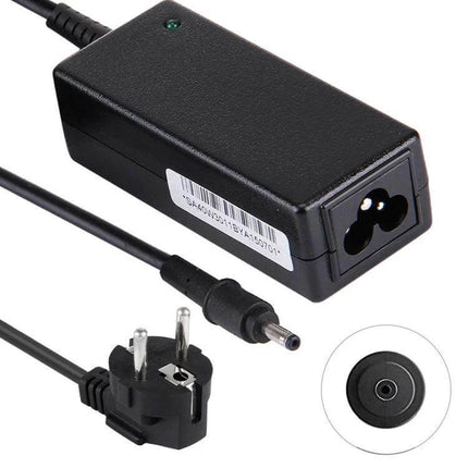 EU Plug AC Power Adapter Compatible with Samsung Laptops - black charger with EU two-pin plug, barrel connector and safety features