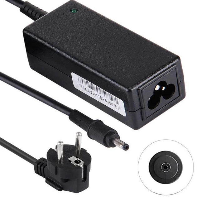EU Plug AC Power Adapter Compatible with Samsung Laptops - black charger with EU two-pin plug, barrel connector and safety features