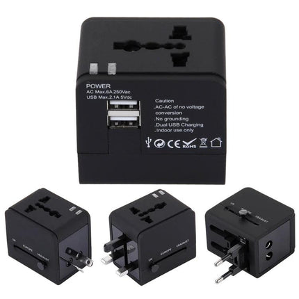 Compact Universal Dual USB Charger Adapter for Travel and Home Use - black multi-plug travel charger with UK EU US AU plugs and dual USB ports