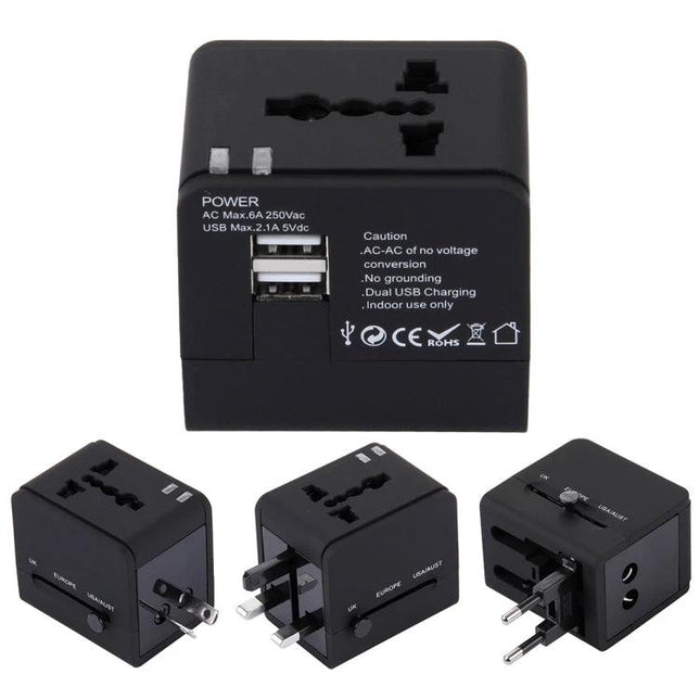 Compact Universal Dual USB Charger Adapter for Travel and Home Use - black multi-plug travel charger with UK EU US AU plugs and dual USB ports